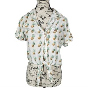 Love Notes Pineapple Print White Women's Top Size Small